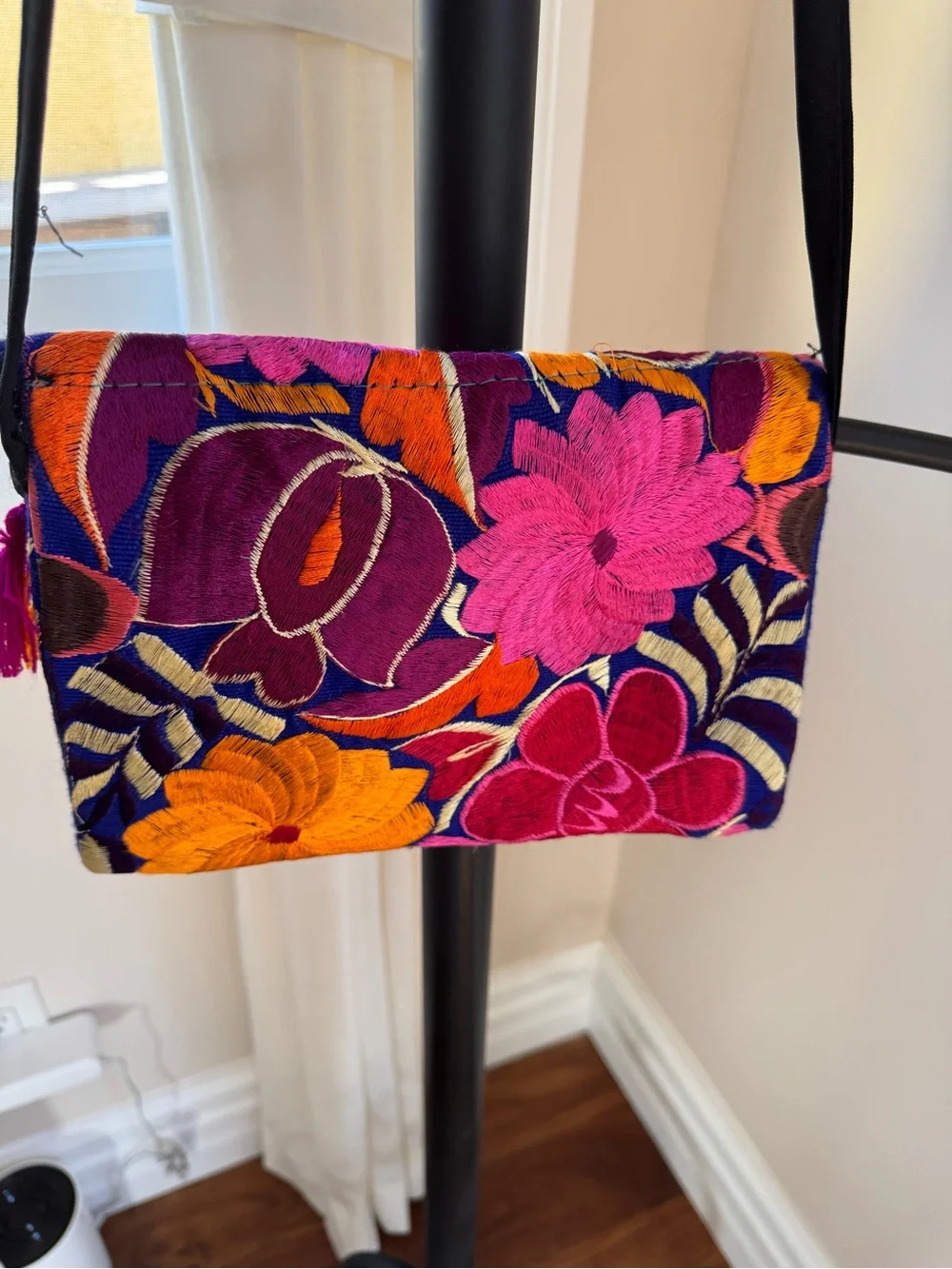 Woman Purse Vibrant Floral Tassel Crossbody Bag Fuchsia Orange Colorful Mexico